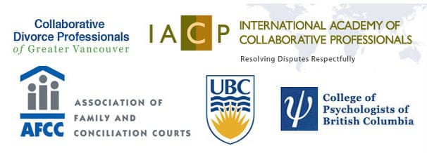 Collaborative Divorce Professionals of Greater Vancouver, IACP, AFCC, UBC, and College of Psychologists of BC credential badges